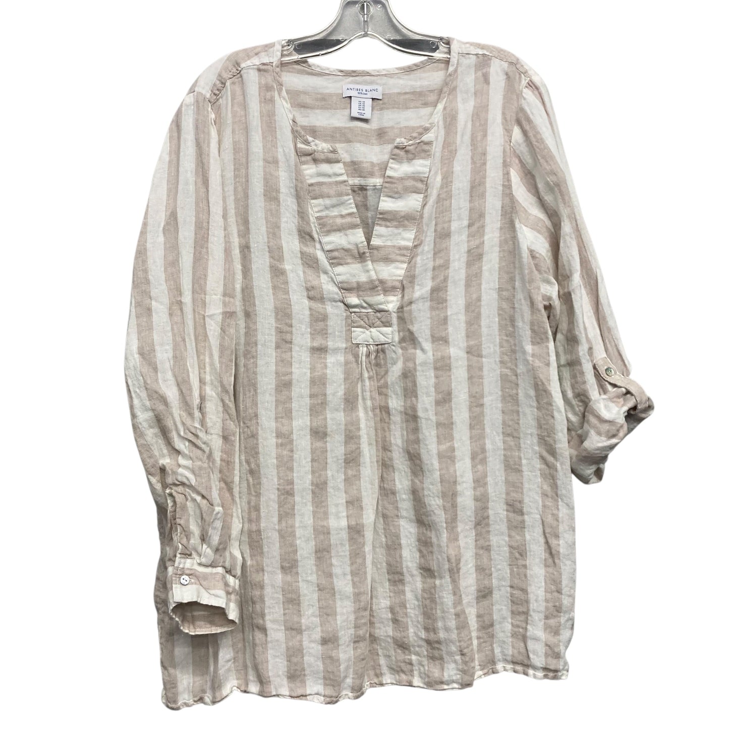 Top Sleeveless By Antibes Blanc Linen In Tan & White, Size:1X
