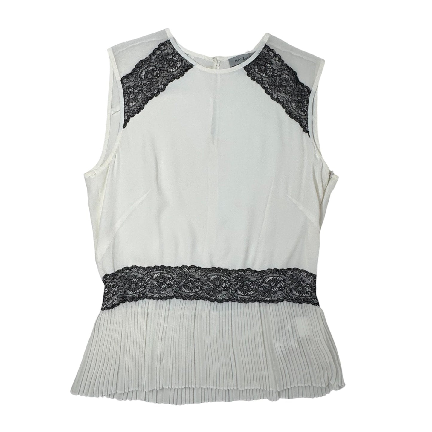 Silk Blend Lace Trim Sleeveless Peplum Blouse By Marella In Black & Cream, Size: 8