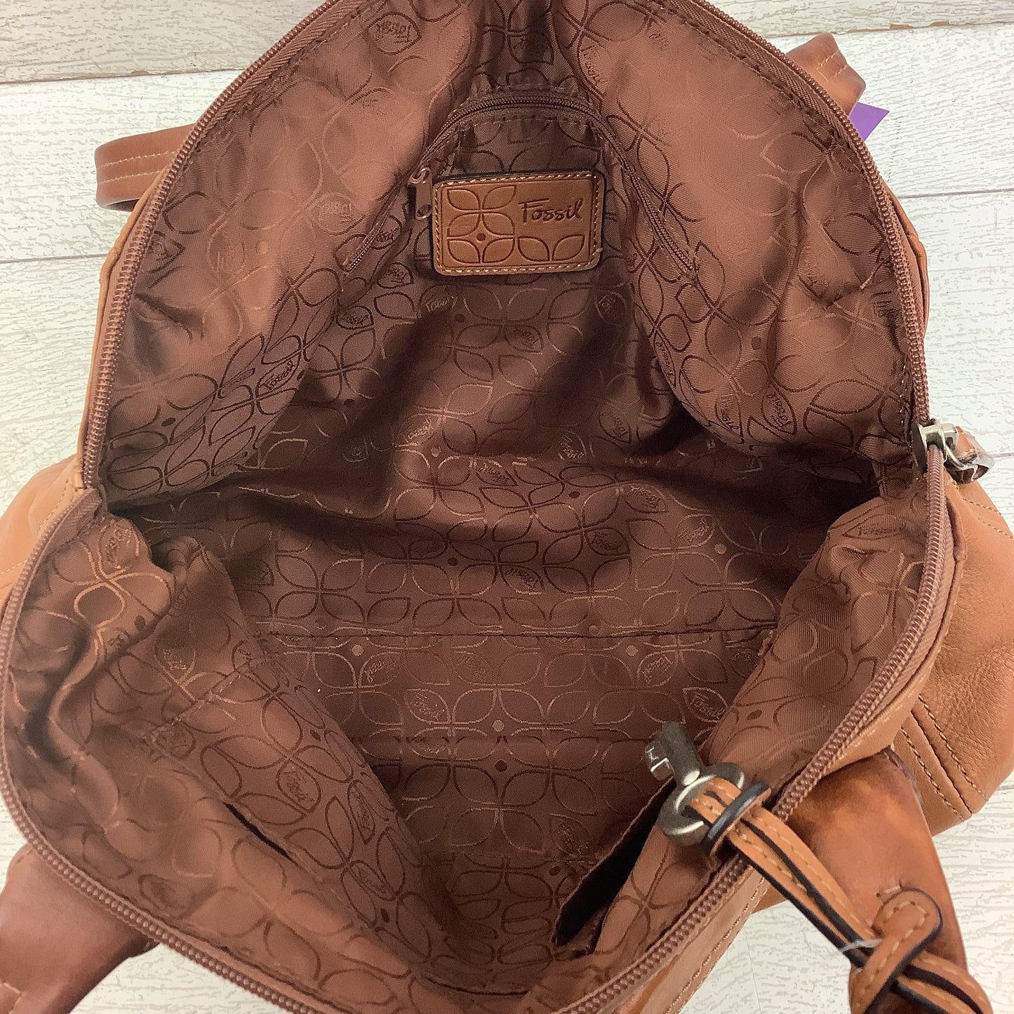 Handbag Leather By Fossil, Size: Medium