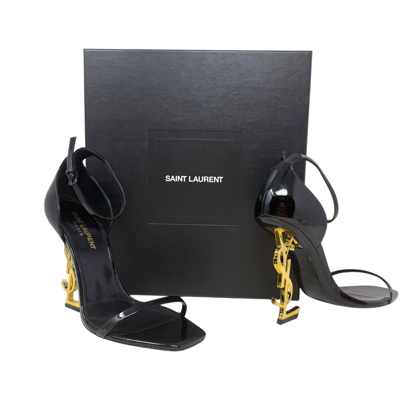 Opyum 110 Cassandre Heel Sandals Luxury Designer By Yves Saint Laurent In Black & Gold, Size: 8