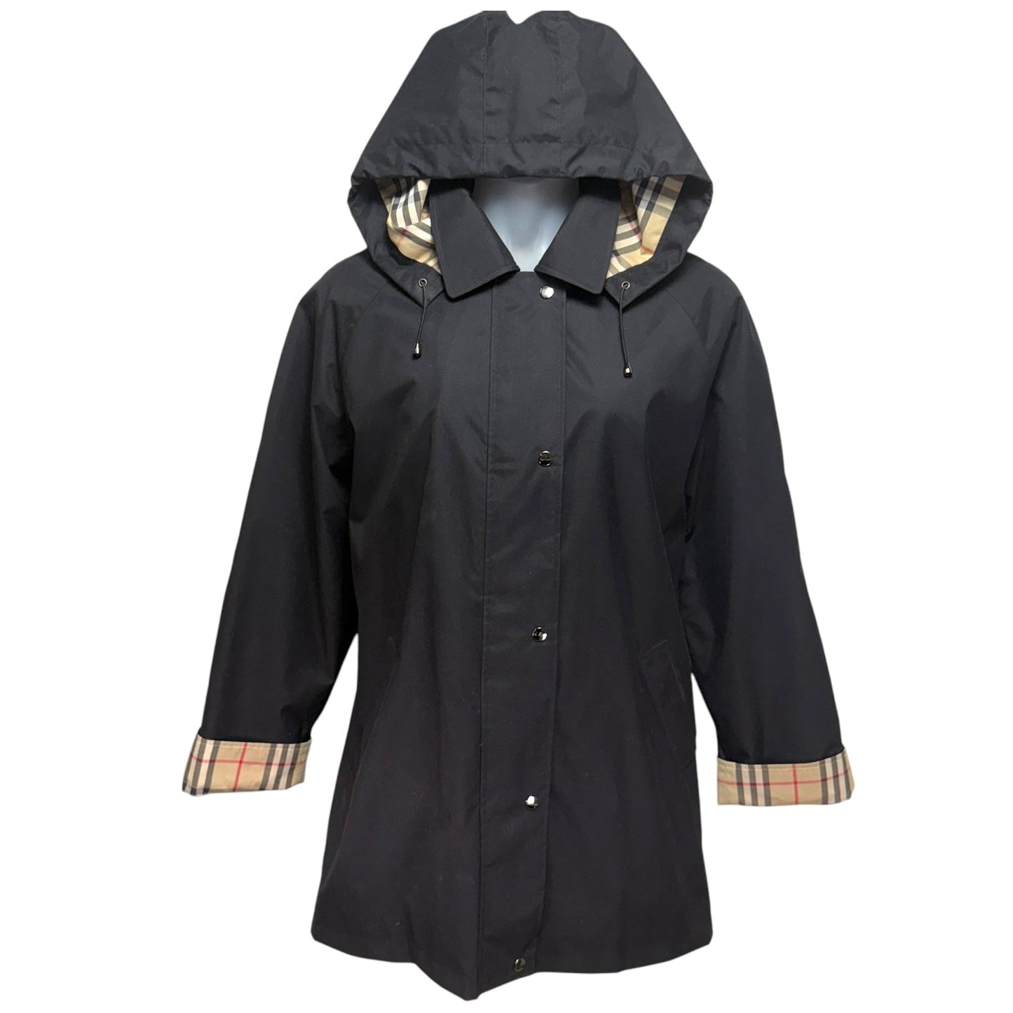 Nova Check Layered Hooded Car Coat with Detachable Lining Luxury Designer By Burberry In Black, Size: 16