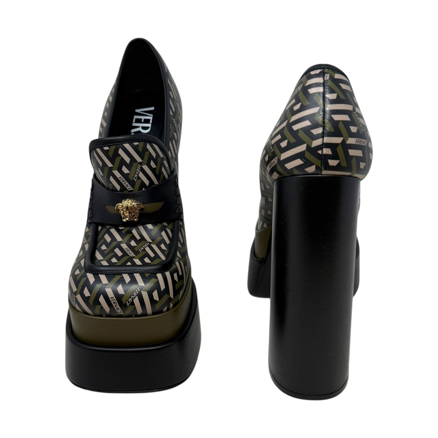 Juno La Greca Print Platform Pumps Luxury Designer By Versace In Geometric Pattern, Size: 10