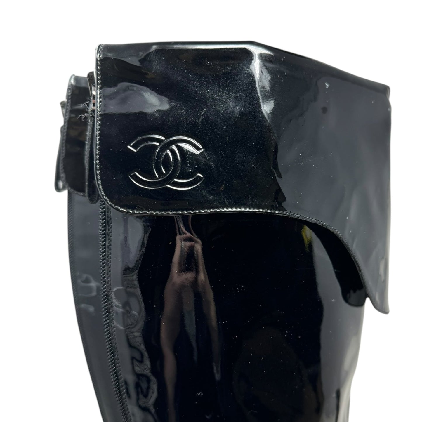 Interlocking C Foldover Patent Leather Combat Boots Luxury Designer By Chanel In Black, Size: 7.5