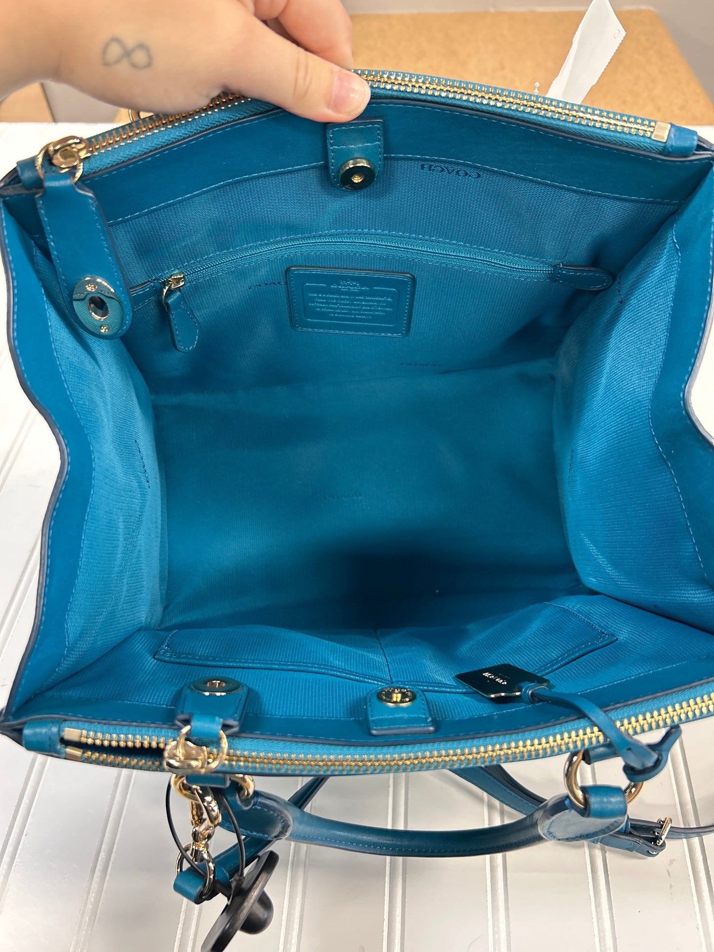 Handbag Designer By Coach In Teal, Size:Large