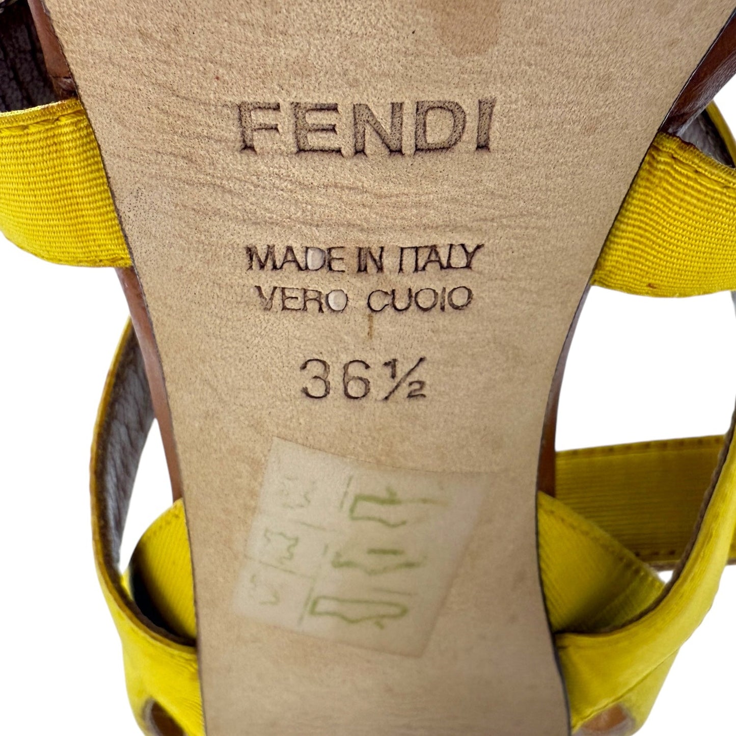 Gros Grain & Cowhide Stilletto Sandals Luxury Designer By Fendi In Mimosa & Honey, Size: US 6.5/IT 36.5