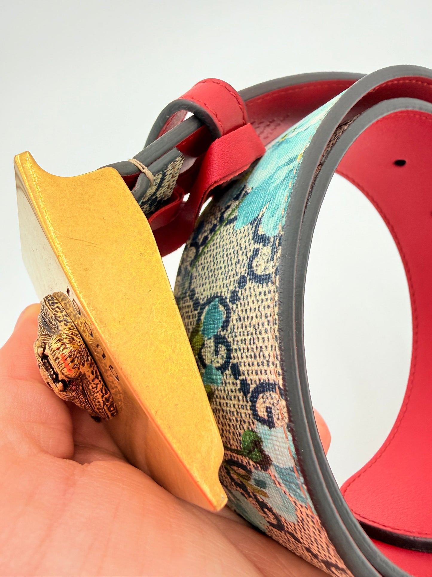 Belt Luxury Designer By Gucci In Blue & Tan, Size:Medium