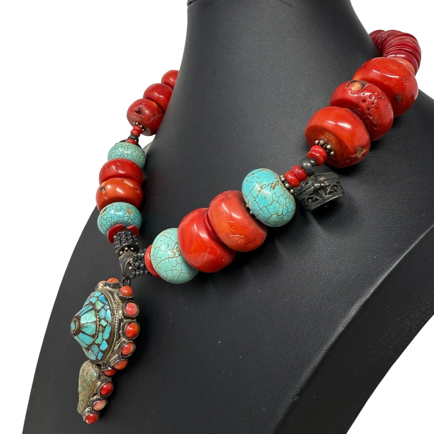 Himalayan Tibetan Sterling Silver, Turquoise & Coral Beaded Statement Necklace