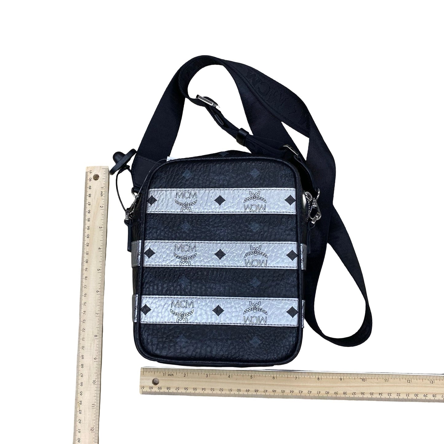 Handbag Luxury Designer By Mcm In Black & Silver, Size:Small