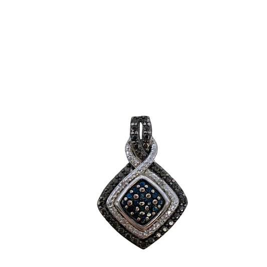 Sterling Silver & White Brass With White and Treated Blue, Black Diamonds Pendant By Jewelili