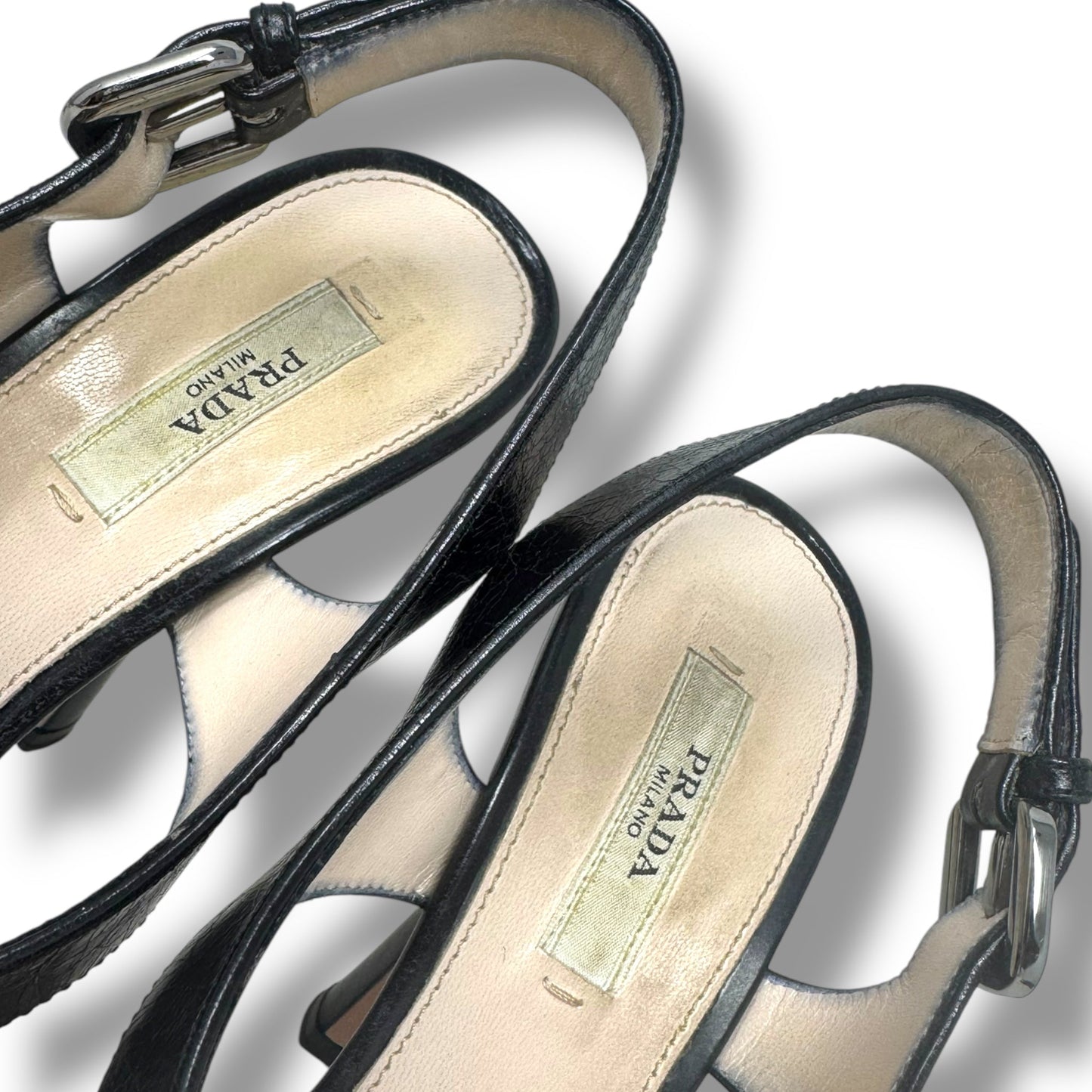 Vitello Shine Slingback Platform Sandals Luxury Designer By Prada In Black, Size: US 6.5/IT 36.5