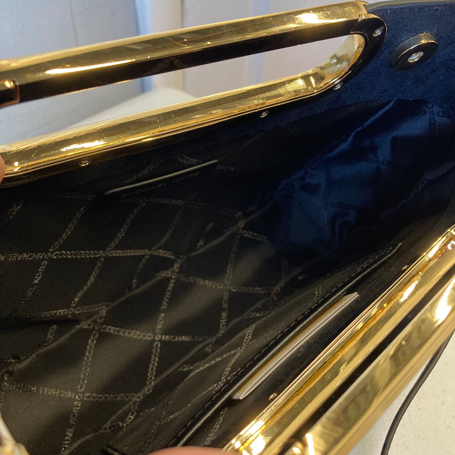 Crossbody Designer By Michael Kors In Black & Gold, Size:Medium