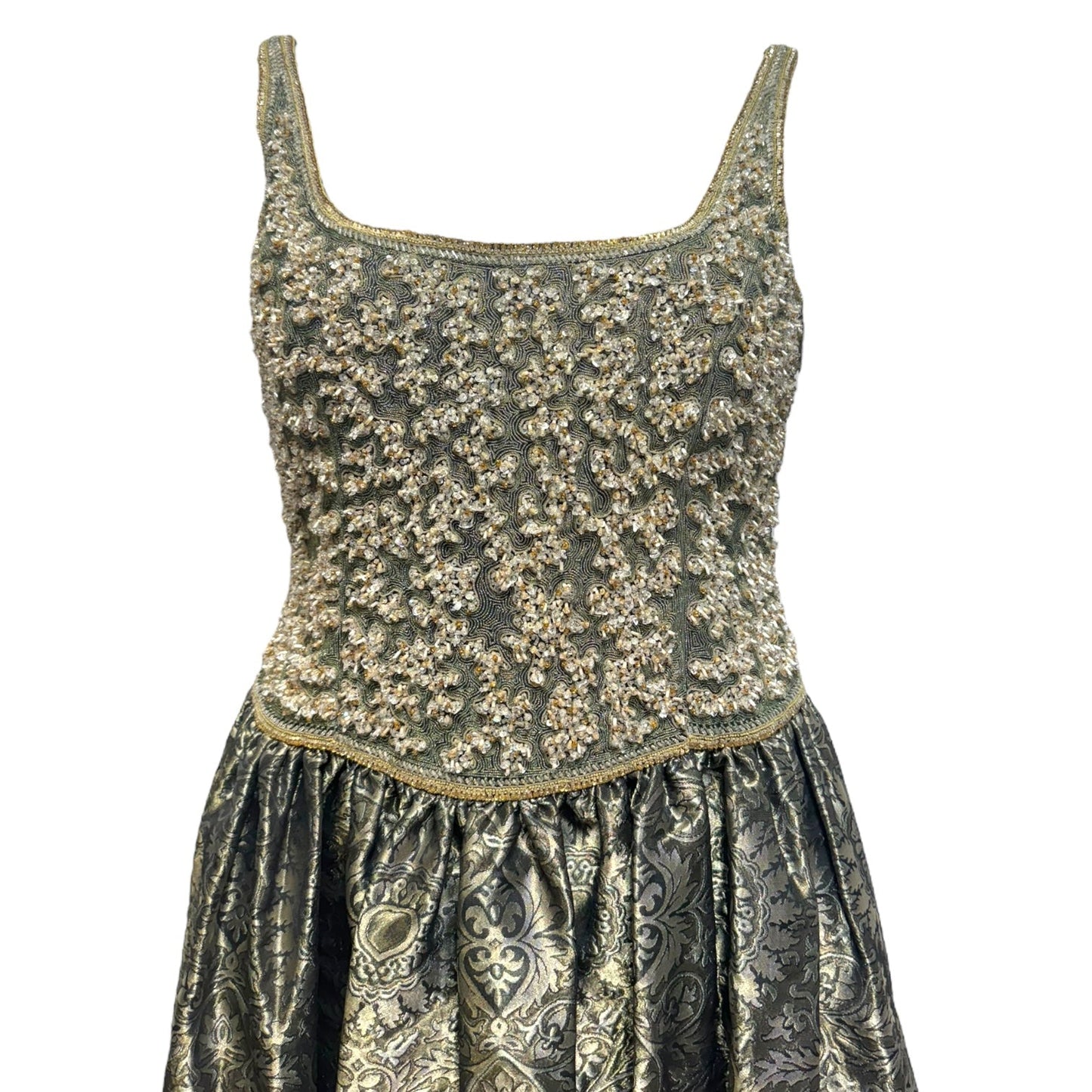 Beaded Jacquard Gown Dress Designer By Escada Couture In Green / Gold, Size: 8