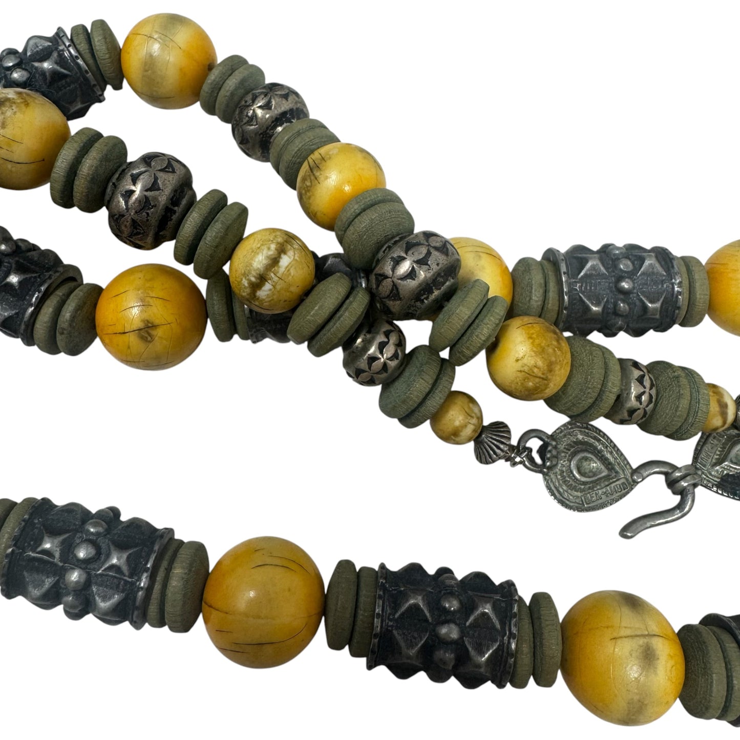 Vintage Dyed Bone, Silver Barrel Bead, & Wooden Spacer Beads Necklace Statement By Ben-Amun