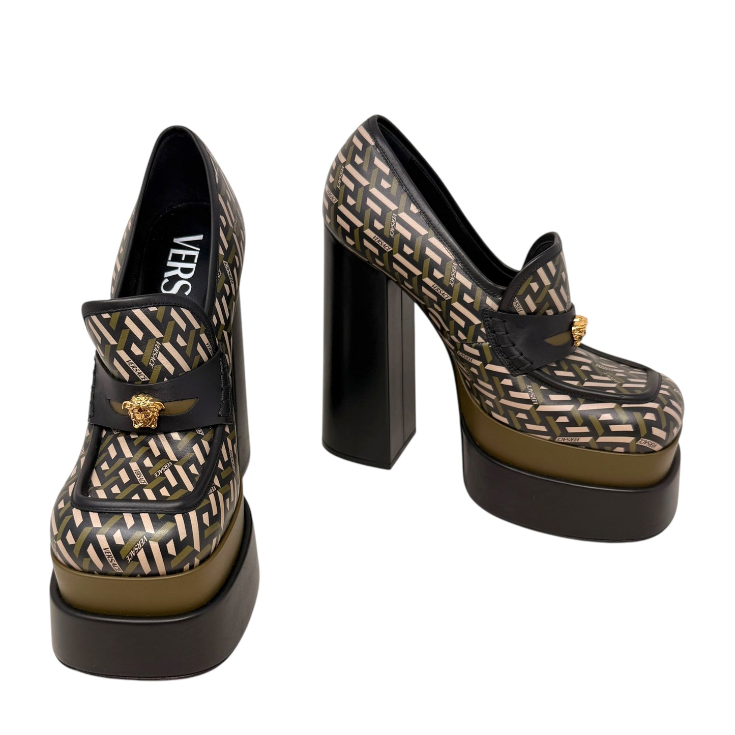 Juno La Greca Print Platform Pumps Luxury Designer By Versace In Geometric Pattern, Size: 10