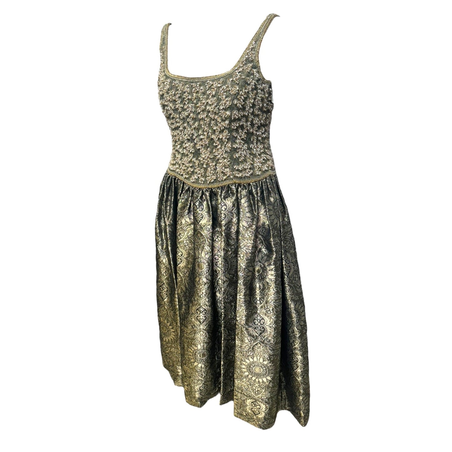 Beaded Jacquard Gown Dress Designer By Escada Couture In Green / Gold, Size: 8