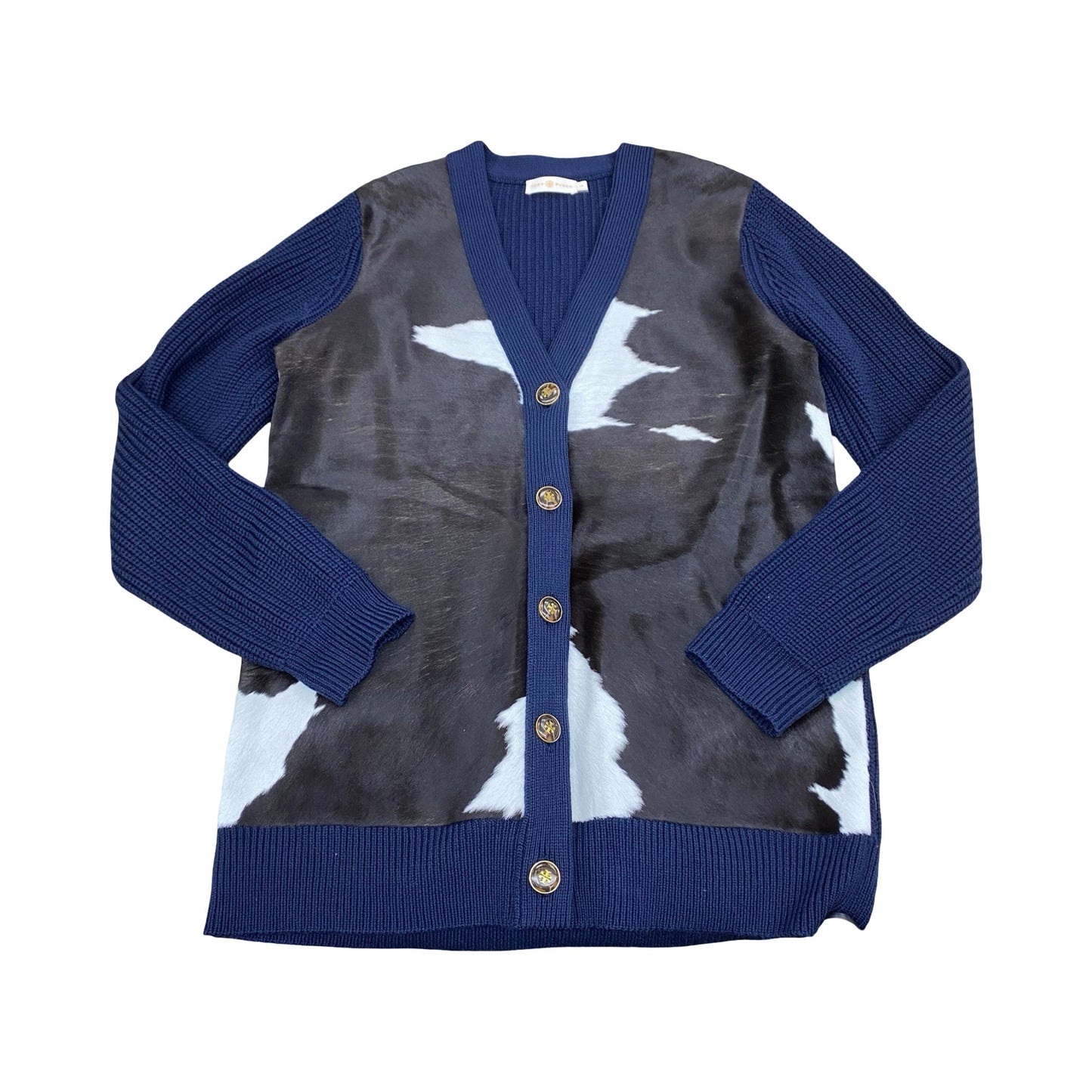 Sweater Cardigan Designer By Tory Burch In Blue & Brown, Size:L