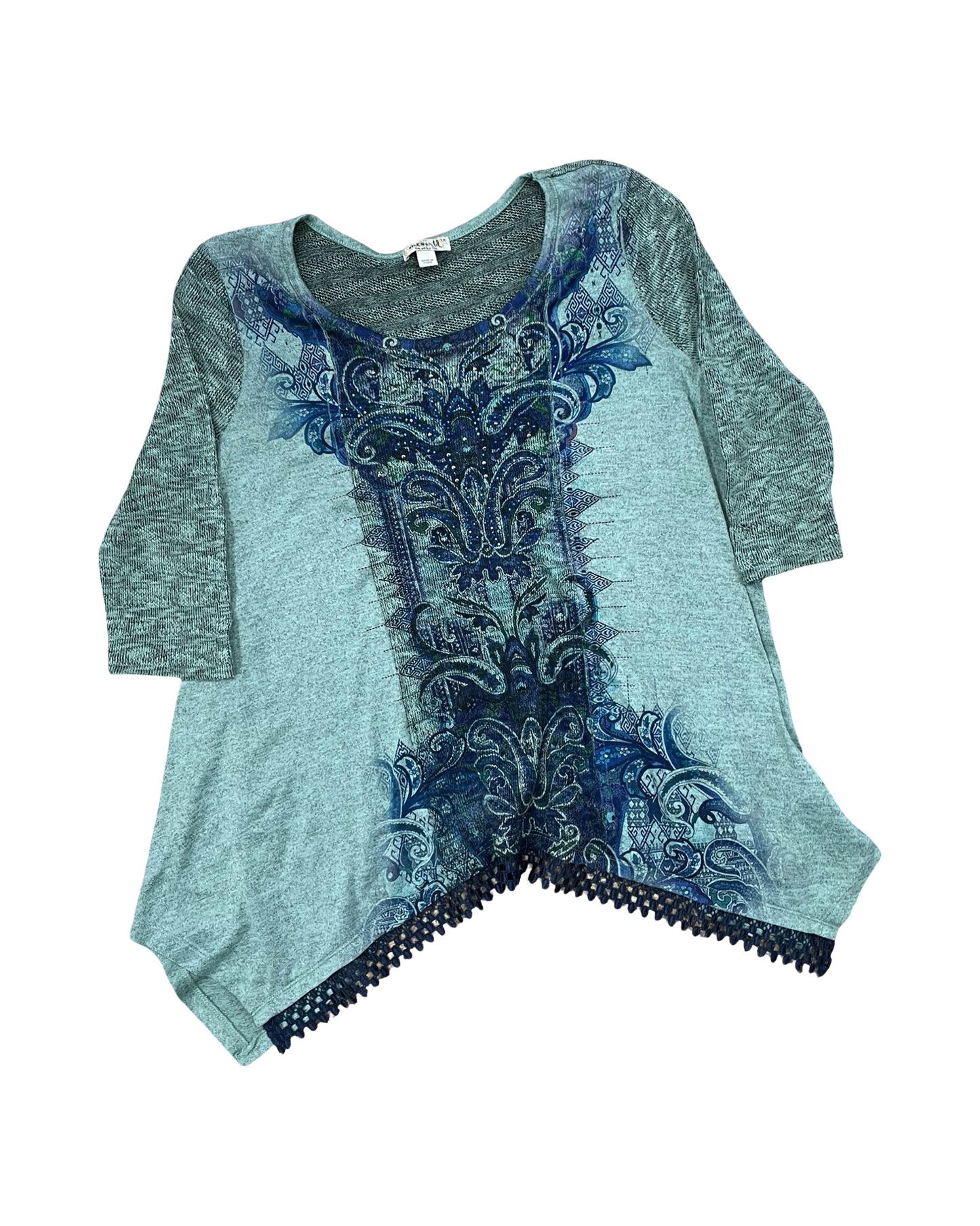 Top 3/4 Sleeve By One World In Blue & Green, Size:1X