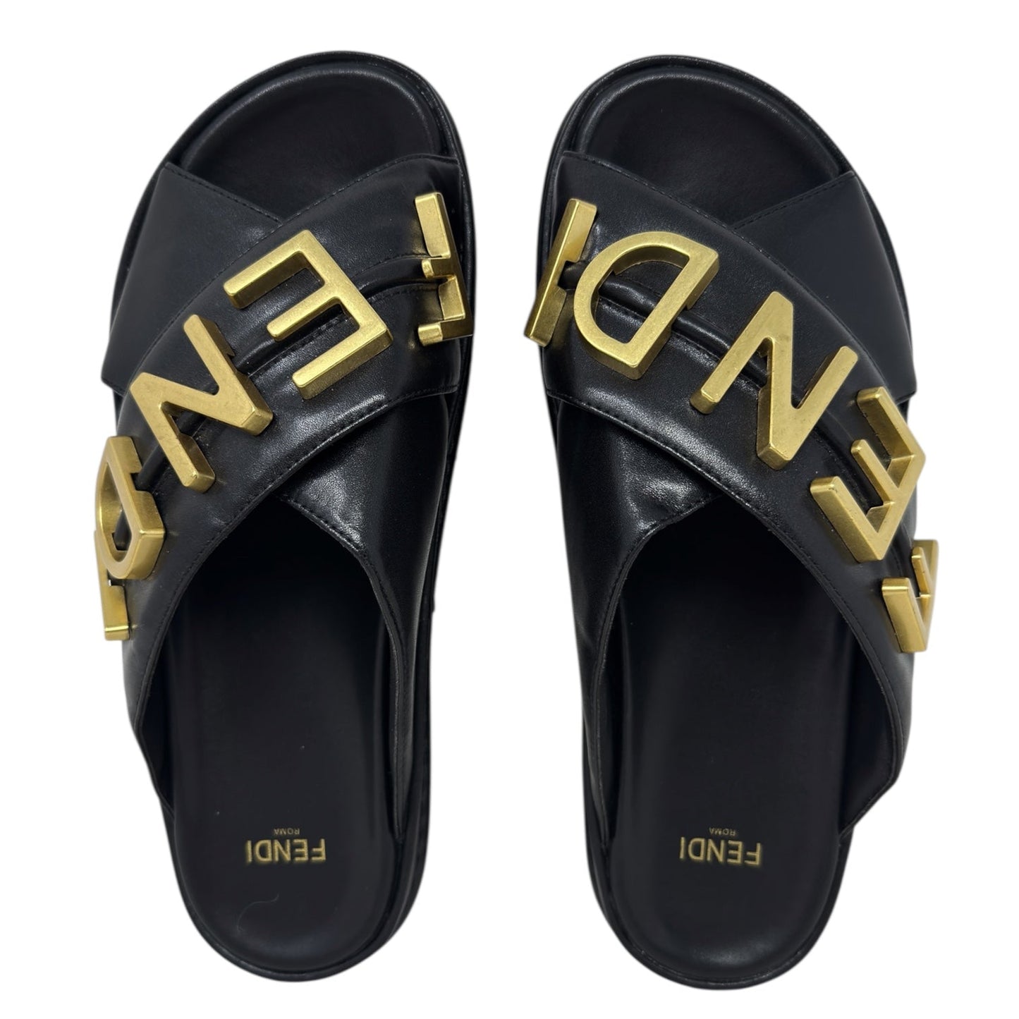 Vitello Fendigraphy Slide Sandals Luxury Designer By Fendi In Black & Gold, Size: US 7 (IT 37)