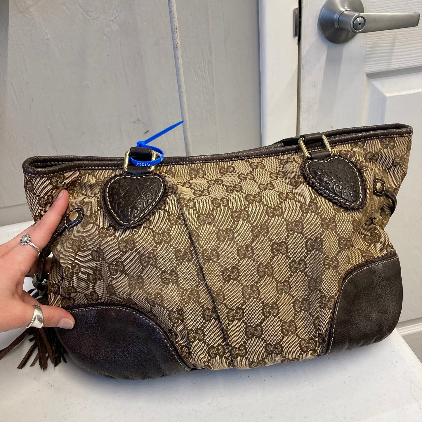 Handbag Luxury Designer By Gucci In Brown & Tan, Size:Medium