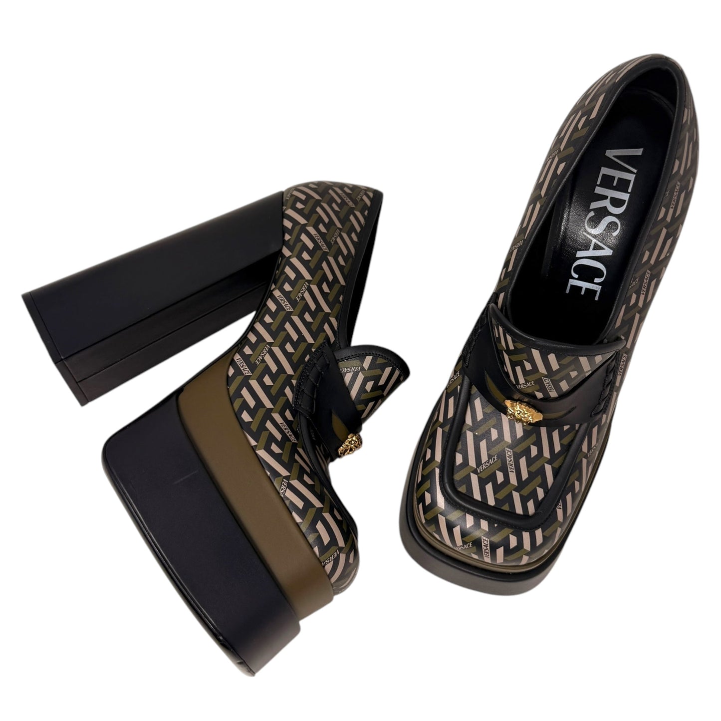 Juno La Greca Print Platform Pumps Luxury Designer By Versace In Geometric Pattern, Size: 10