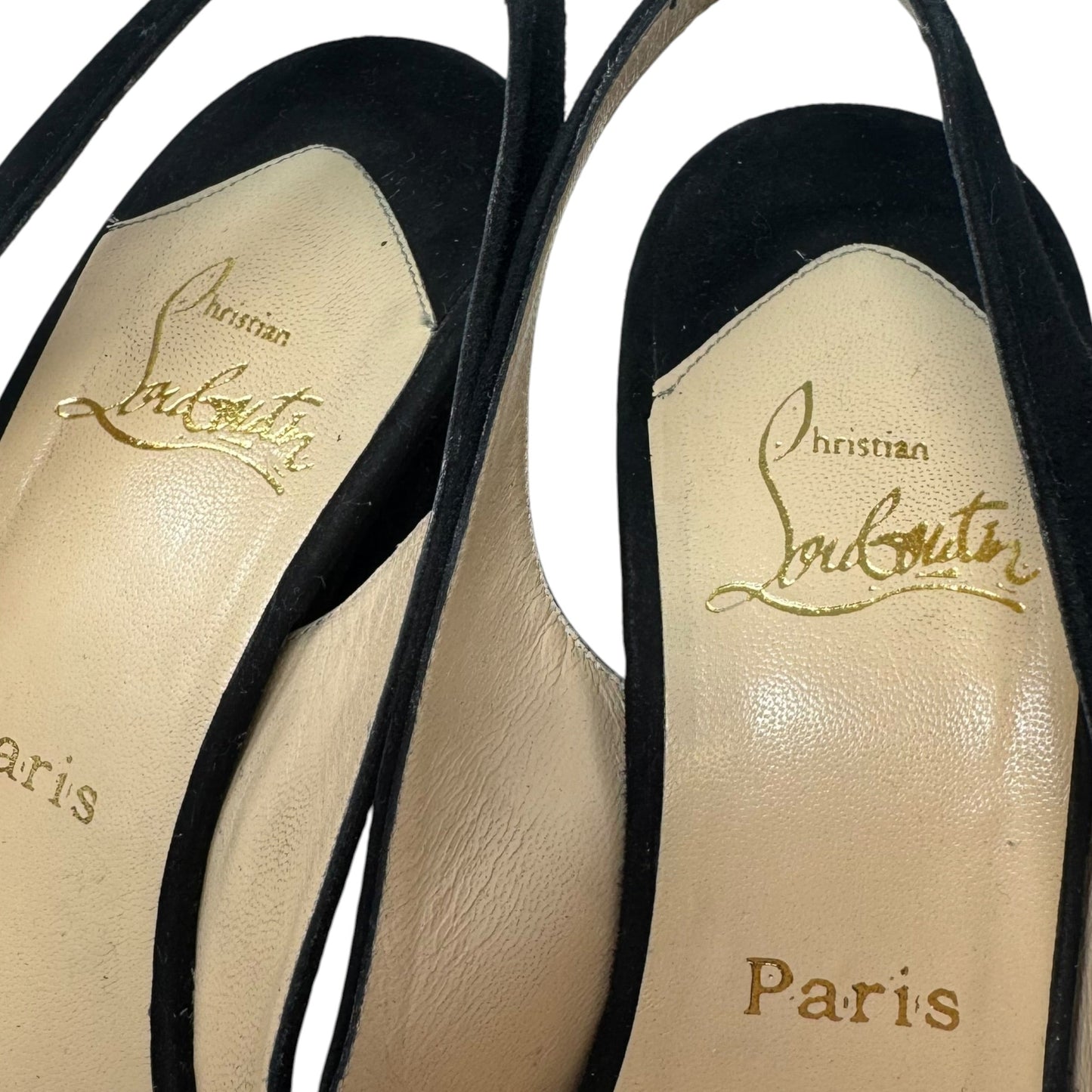 Suede Slingback Wedge Peep Toe Pumps Luxury Designer By Christian Louboutin In Black, Size: 10 (40.5)