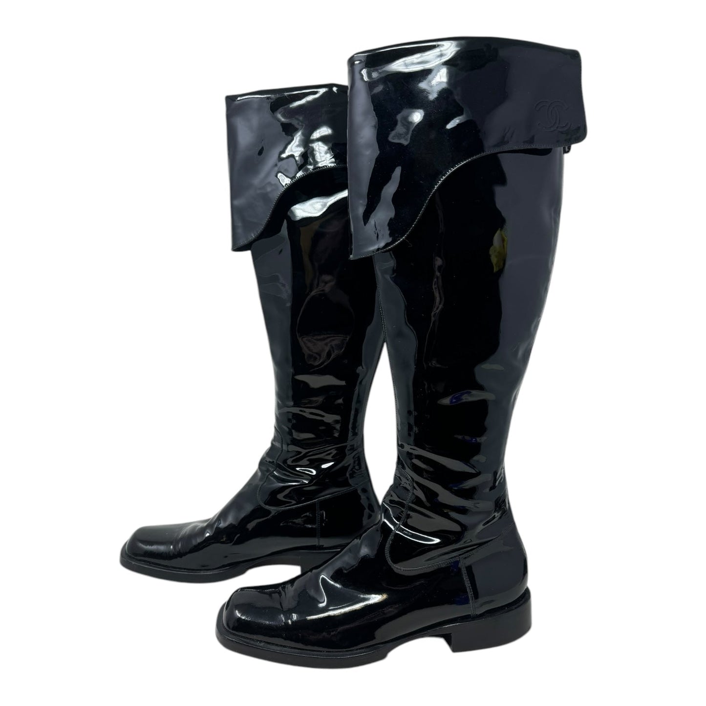 Interlocking C Foldover Patent Leather Combat Boots Luxury Designer By Chanel In Black, Size: 7.5