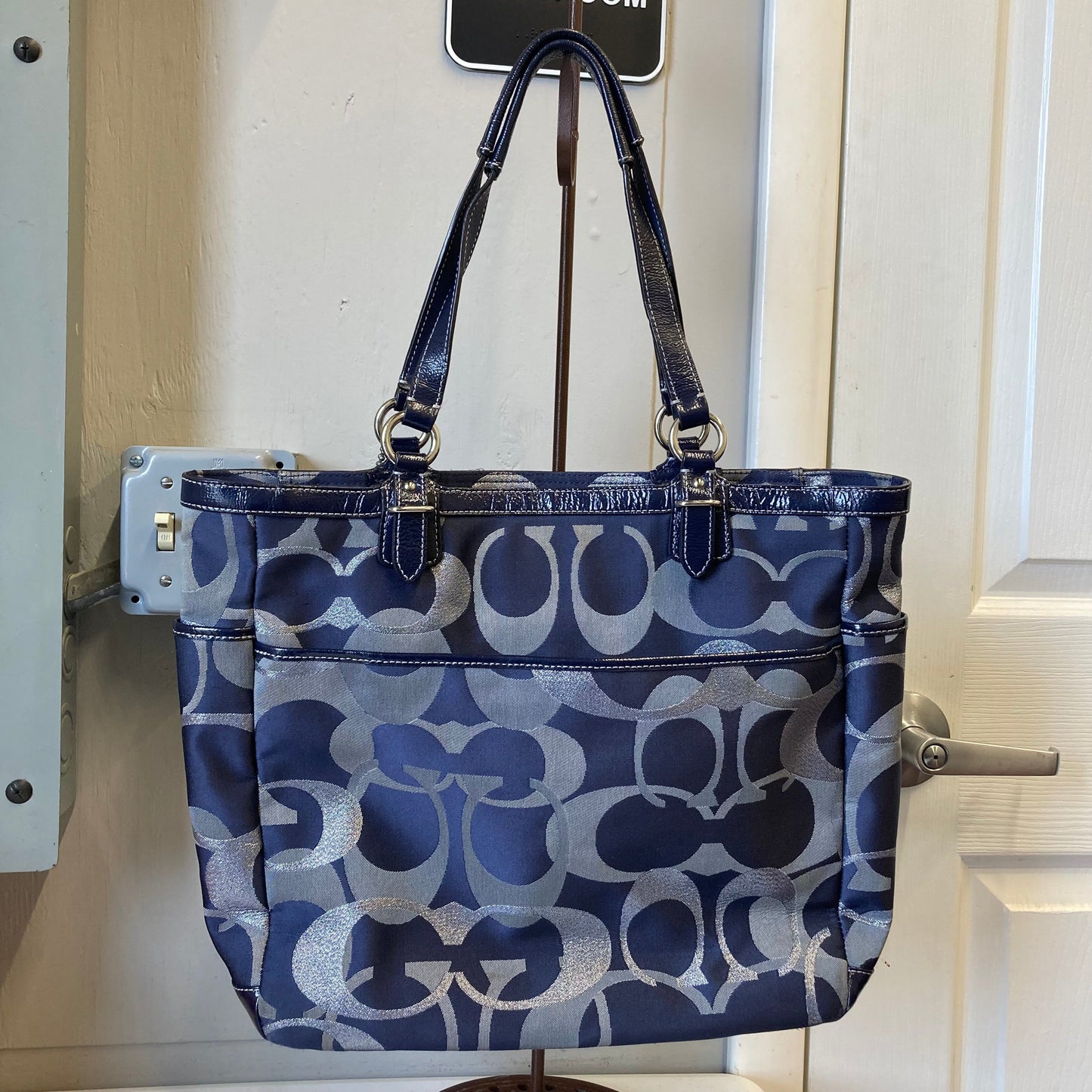 Tote Designer By Coach In Blue & Silver, Size:Large