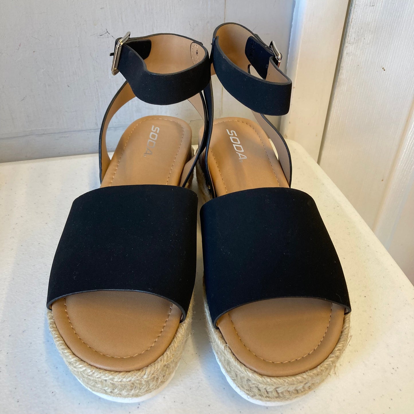 Sandals Heels Wedge By Soda In Black, Size:9