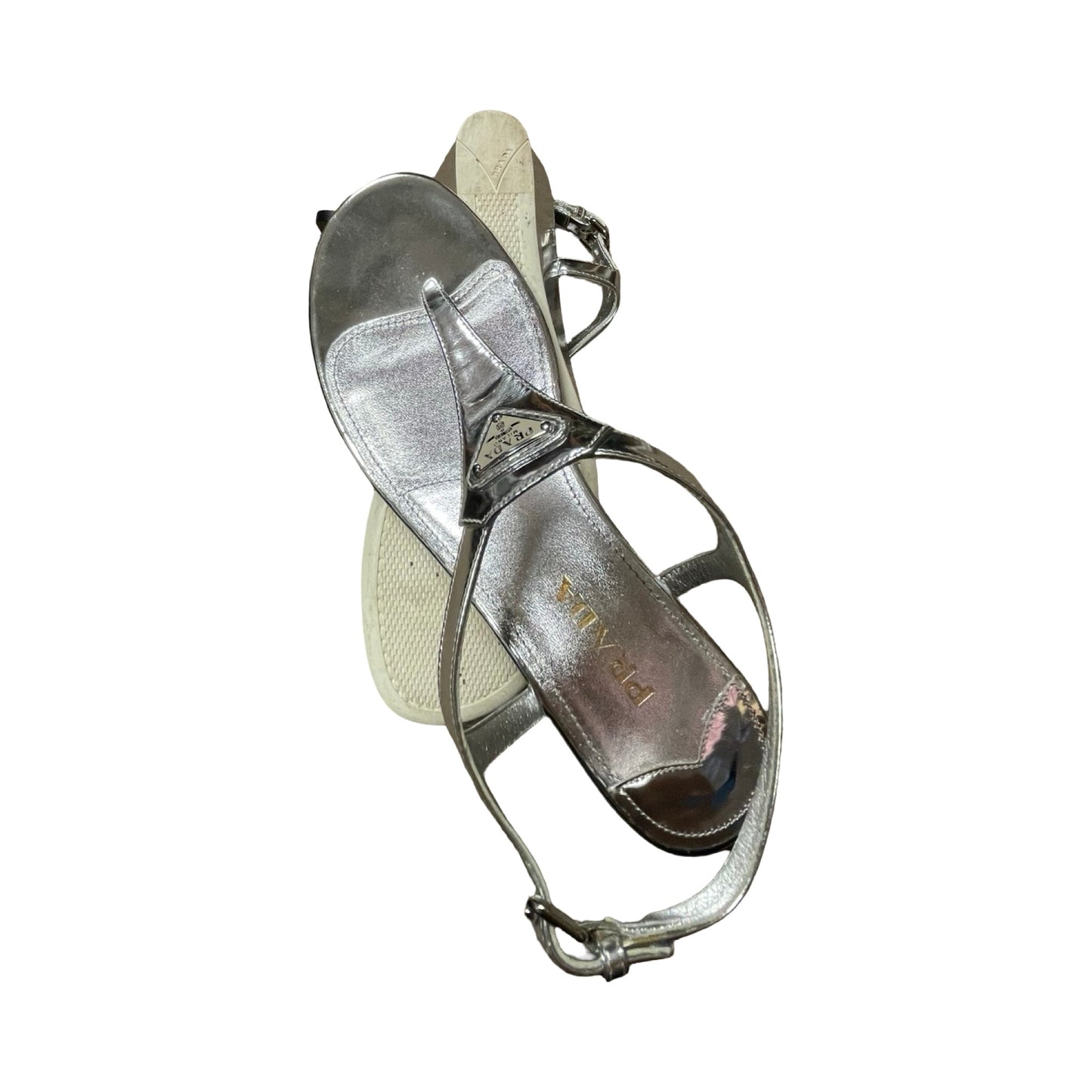 Sandals Luxury Designer By Prada In Silver, Size:9 (EU39.5)
