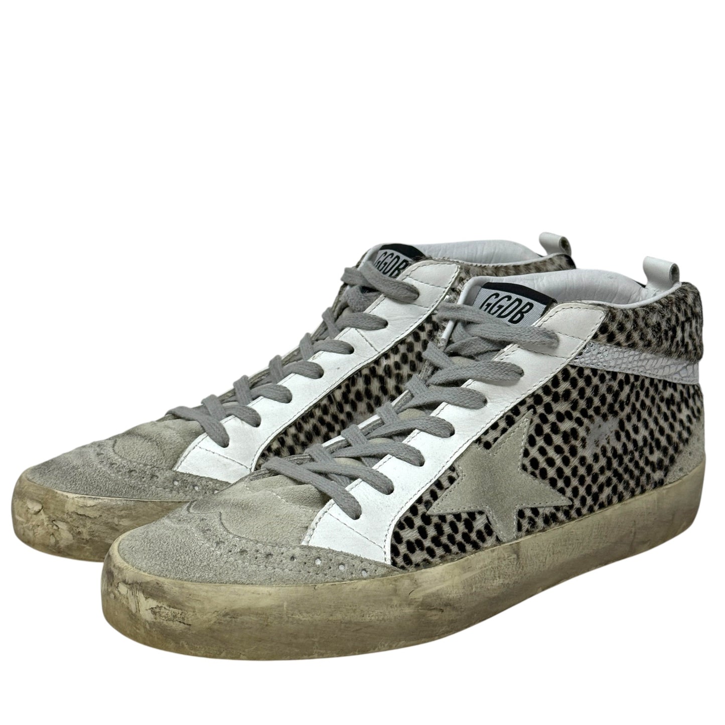 Mid Star Animal Print Leather Sneakers Luxury Designer By Golden Goose In Brown & Cream, Size: 10 (40)
