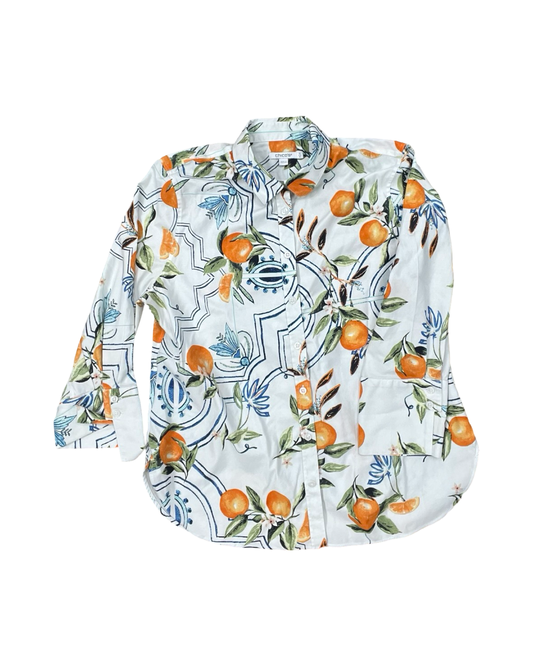 Blouse 3/4 Sleeve By Chicos In Orange & White, Size:M