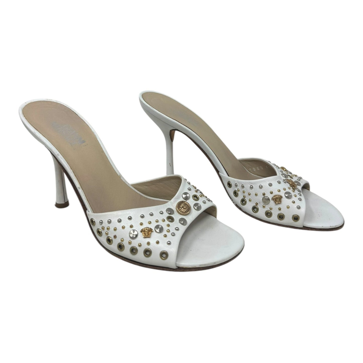 Vintage Medusa Logo Studded Mule Sandals Luxury Designer By Versace In White, Size: US 6/IT 36