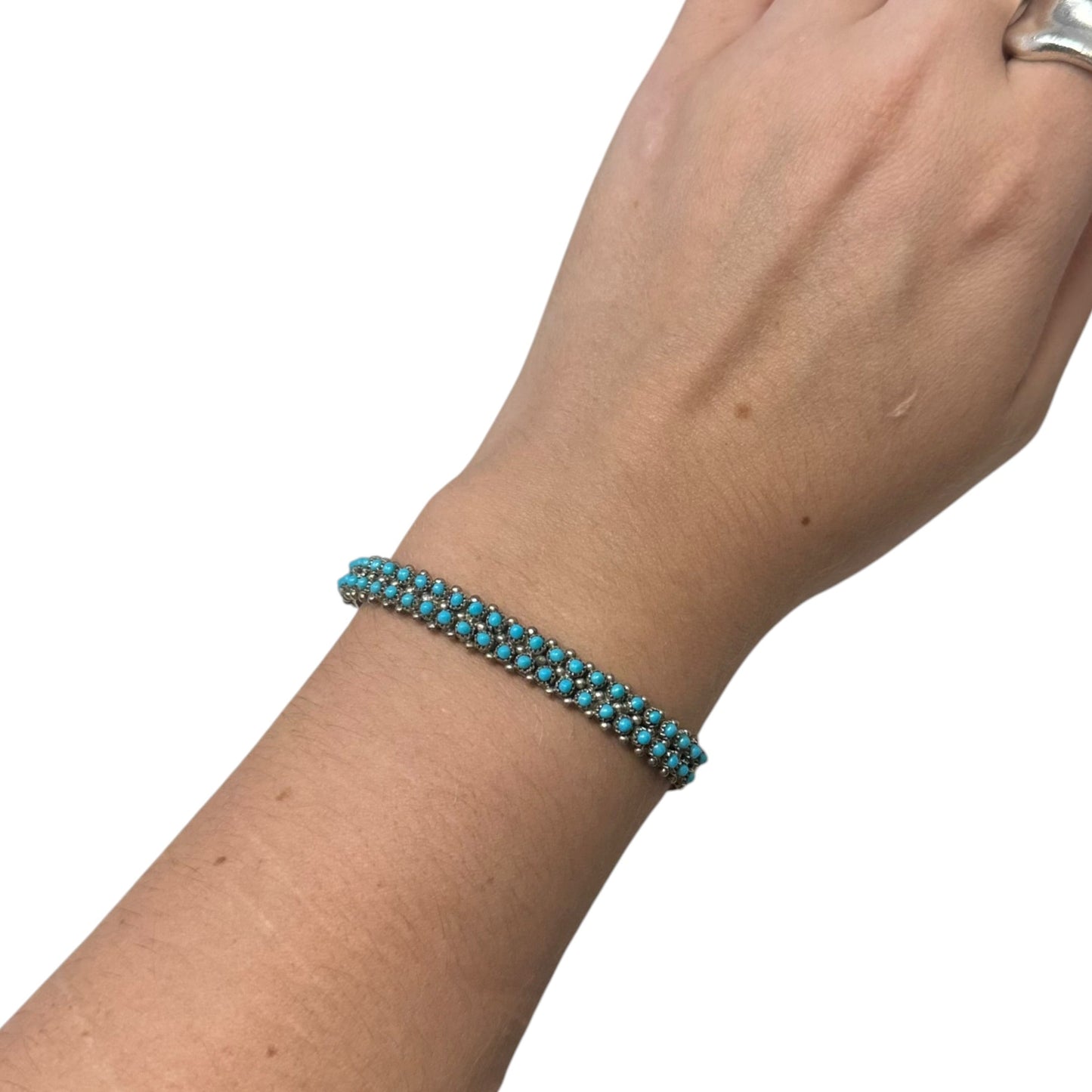 Double Row Sleeping Beauty Turquoise Snake Eyes & Sterling Silver Zuni Cuff Bracelet Stamped S. Haloo