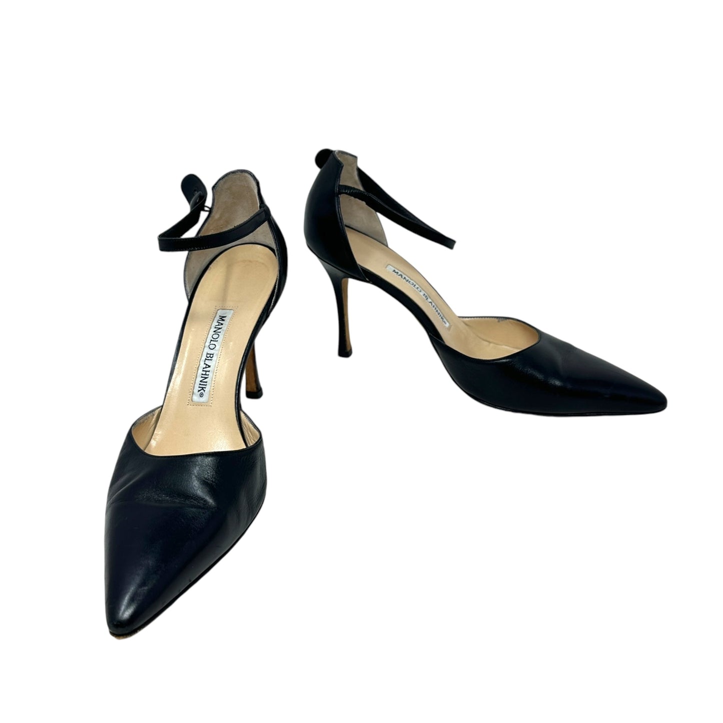 Button Closure Ankle Strap D’Orsay Pumps Luxury Designer By Manolo Blahnik In Black, Size: US 9/ IT 39