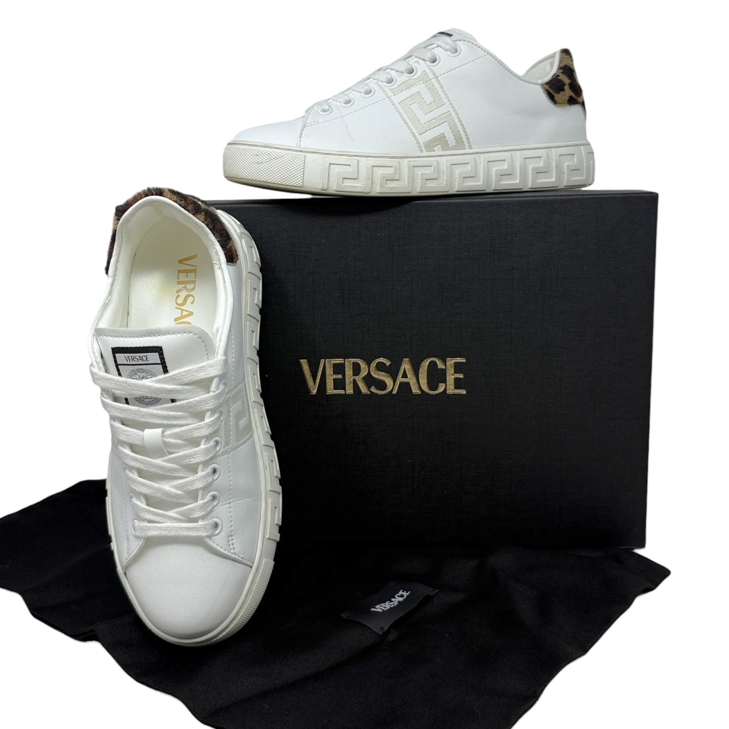 Greca Leopard Embroidered Sneakers Luxury Designer By Versace In White, Size: 7.5