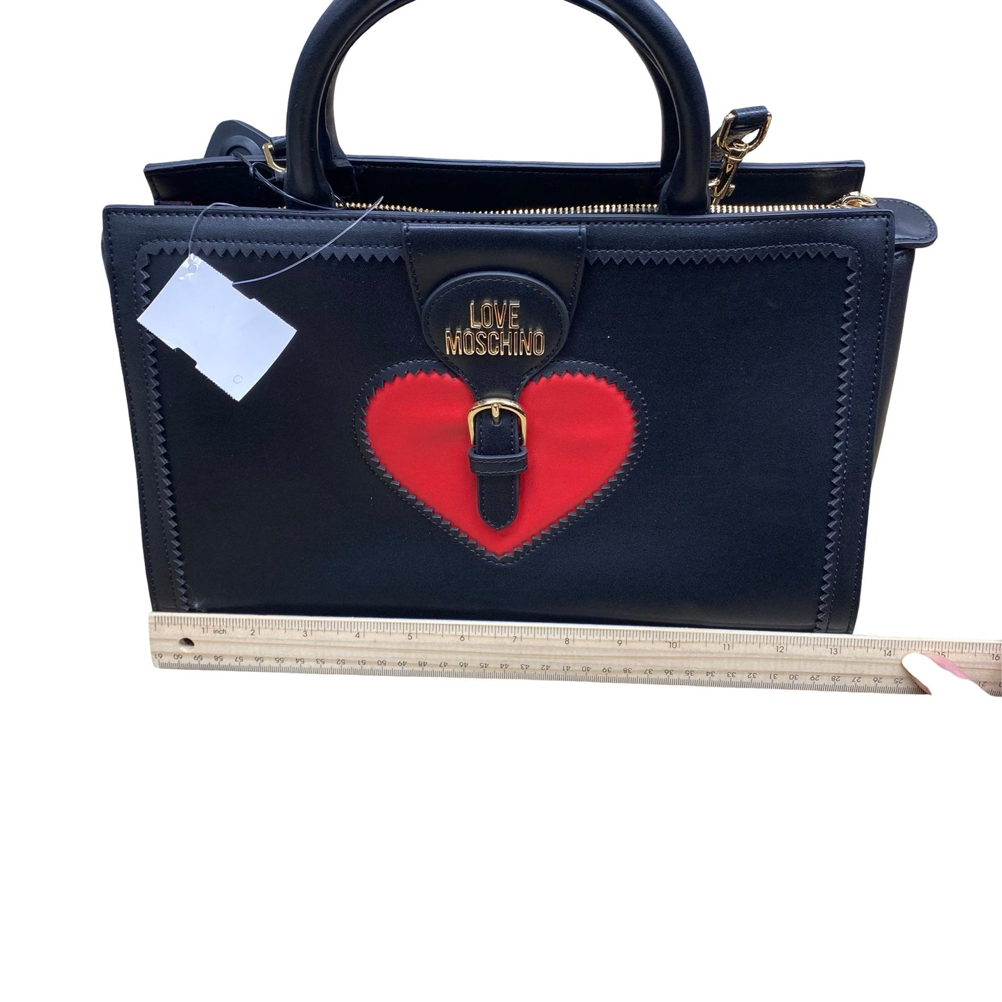 Designer Handbag By Love Moschino In Black & Red, Size:Large