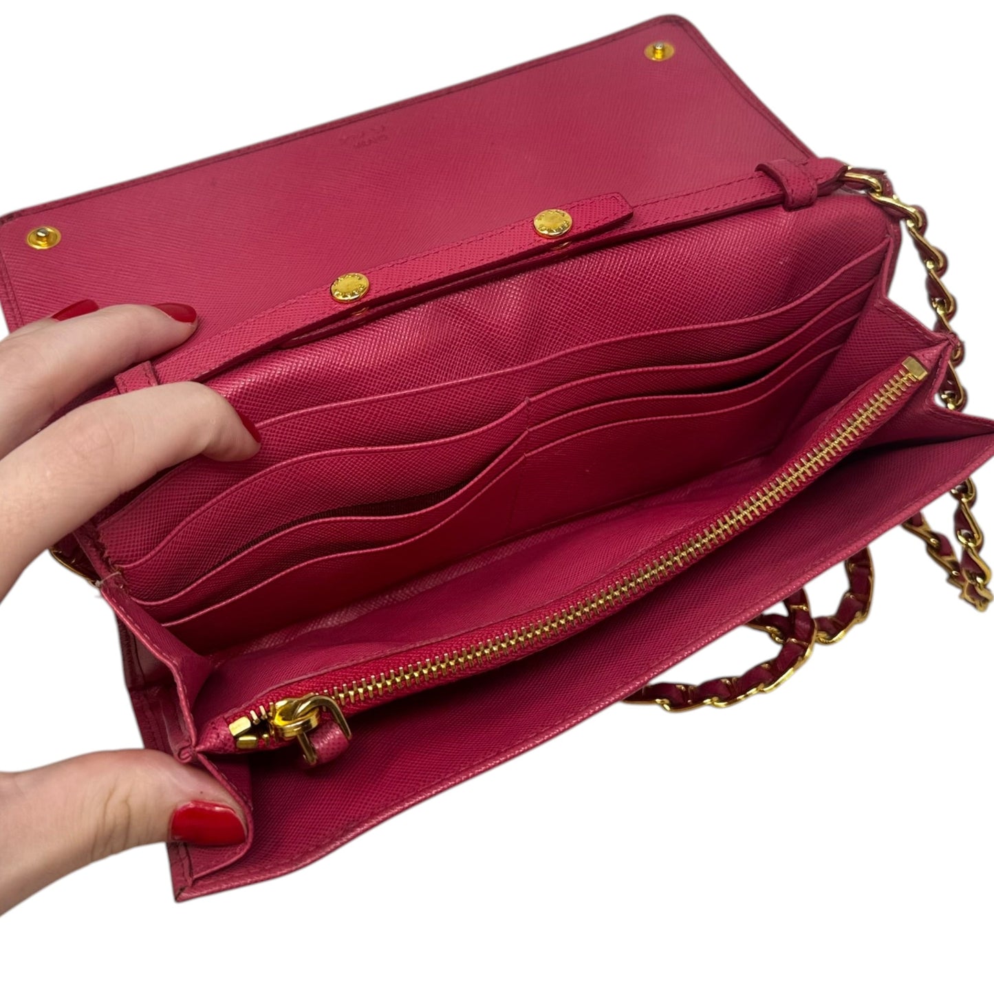 AS IS Saffiano Wallet On A Chain Crossbody Luxury Designer By Prada, Size: Small