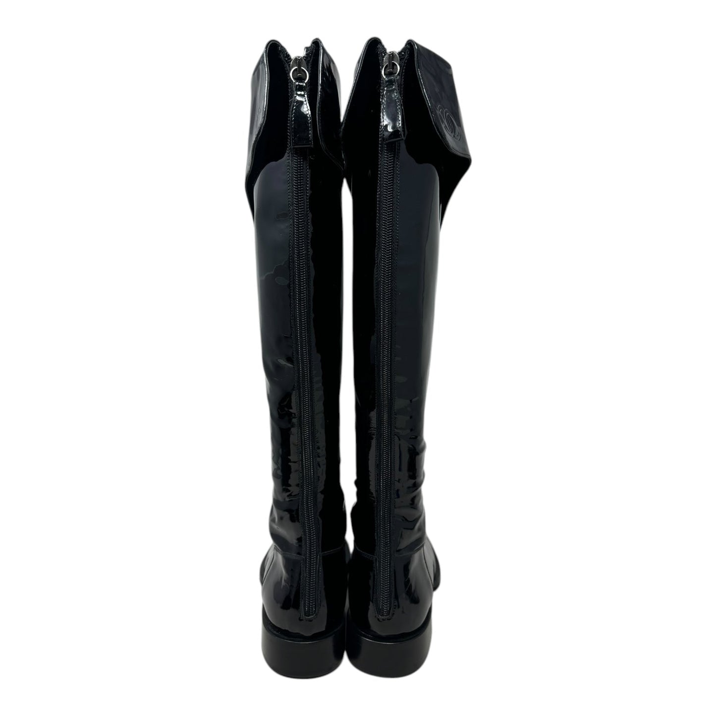 Interlocking C Foldover Patent Leather Combat Boots Luxury Designer By Chanel In Black, Size: 7.5