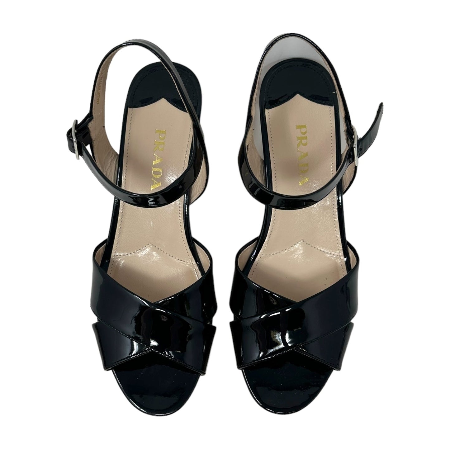 Calzature Donna Vernice 3 Patent Leather Cork Wedge Sandals-Nero Luxury Designer By Prada  Size: 9