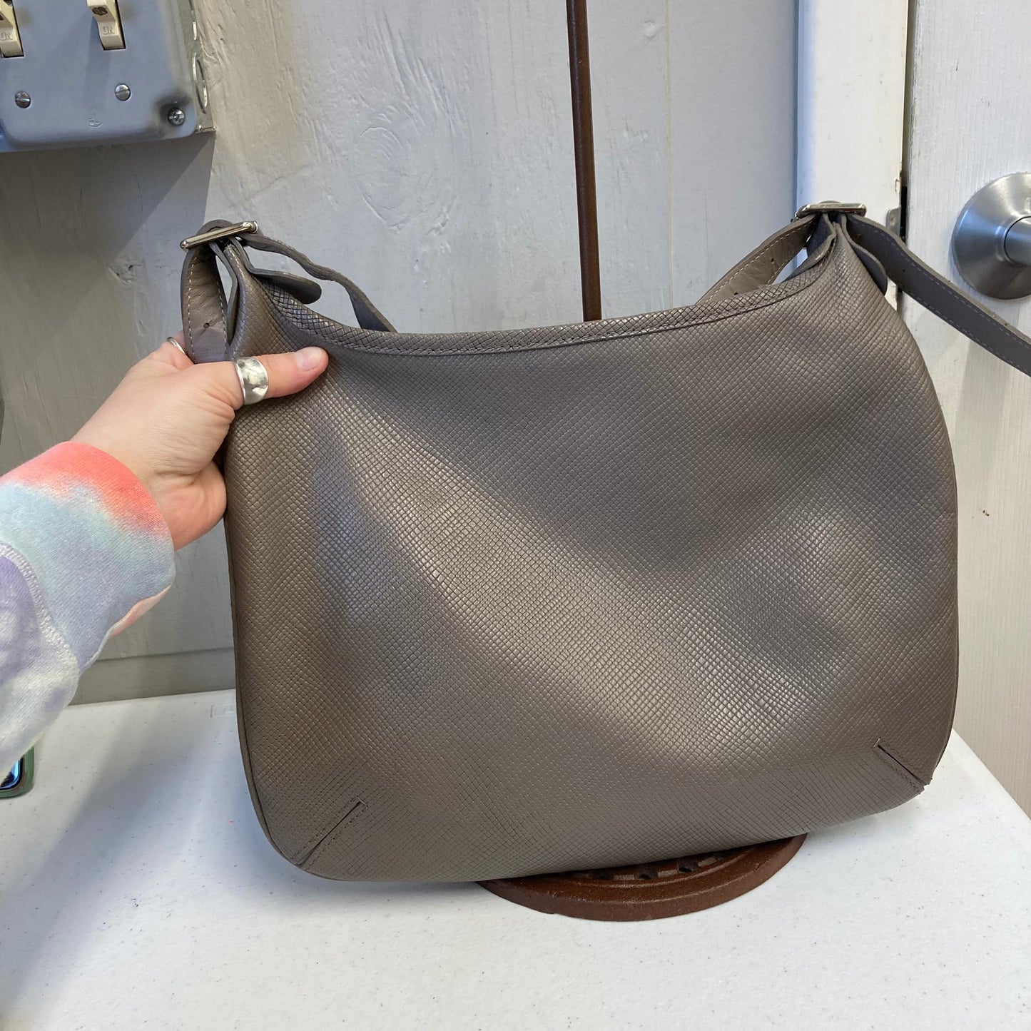 Handbag Designer By Longchamp In Taupe, Size:Medium