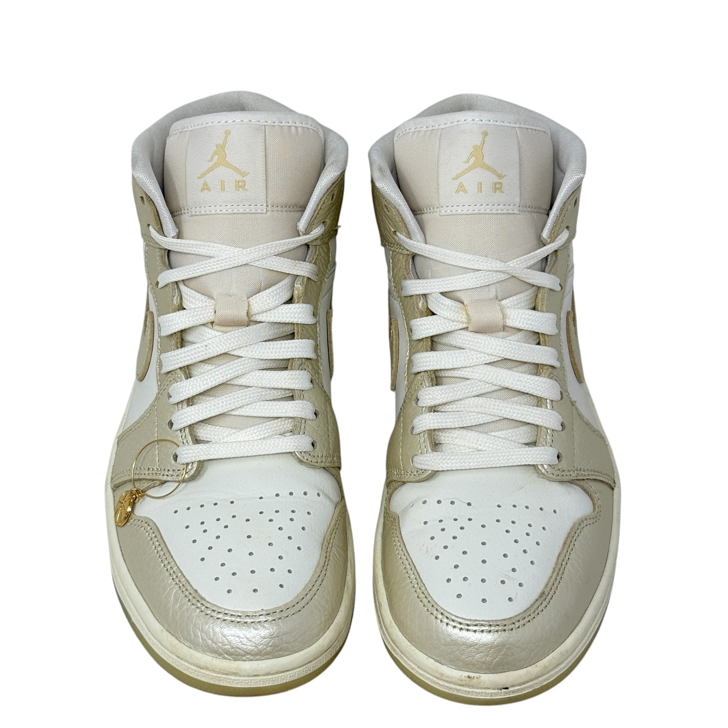 Air Jordan 1 Mid SE Hoops Gold Pack Sneakers Luxury Designer By Nike In Gold & White, Size: 8.5