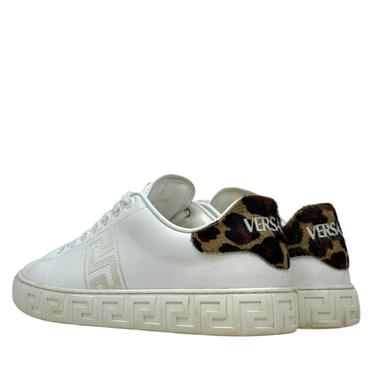 Greca Leopard Embroidered Sneakers Luxury Designer By Versace In White, Size: 7.5