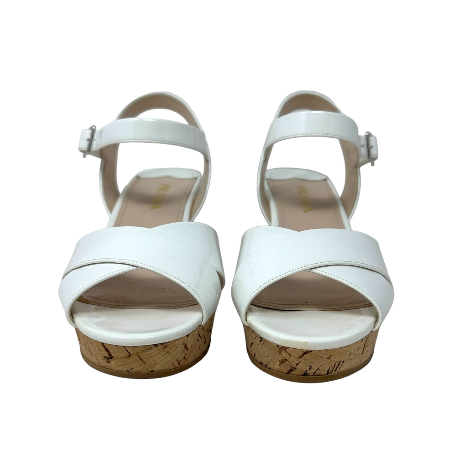 Calzature Donna Vernice 3 Patent Leather Cork Wedge Sandals, Blanco Luxury Designer By Prada  Size: 9