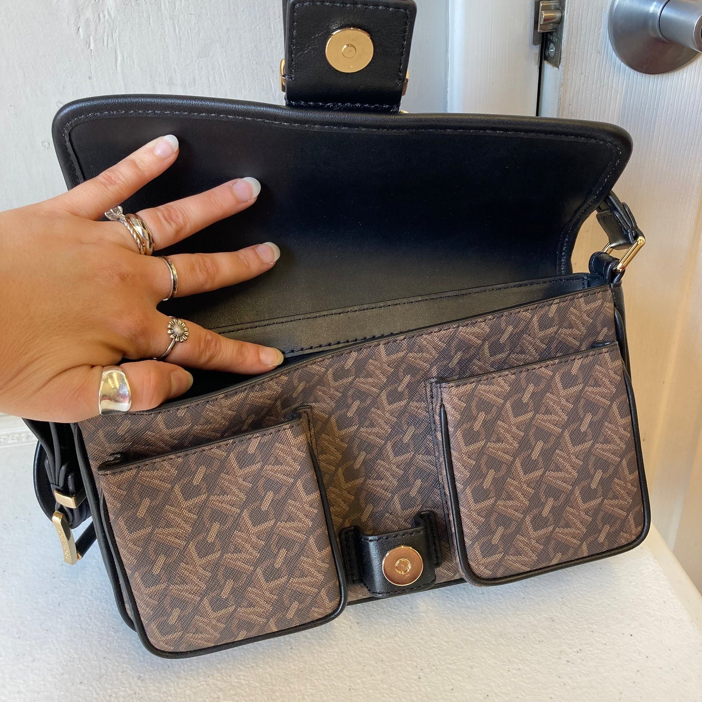Handbag Designer By Michael Kors In Black & Brown, Size:Medium