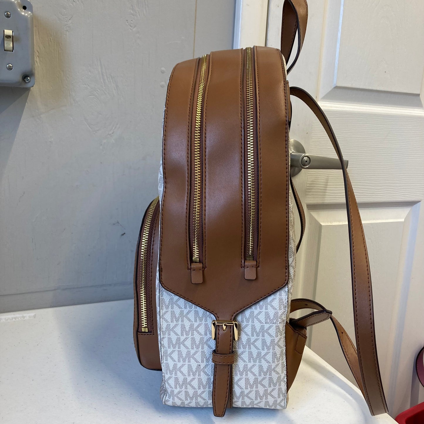 Backpack Designer By Michael Kors In Brown & White, Size:Large