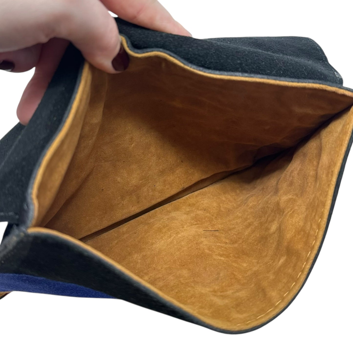 Suede Patchwork Stripe Pouch Clutch Designer By Patricia Nash, Size: Medium