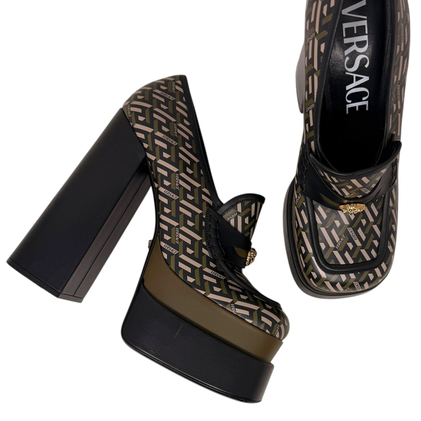 Juno La Greca Print Platform Pumps Luxury Designer By Versace In Geometric Pattern, Size: 10