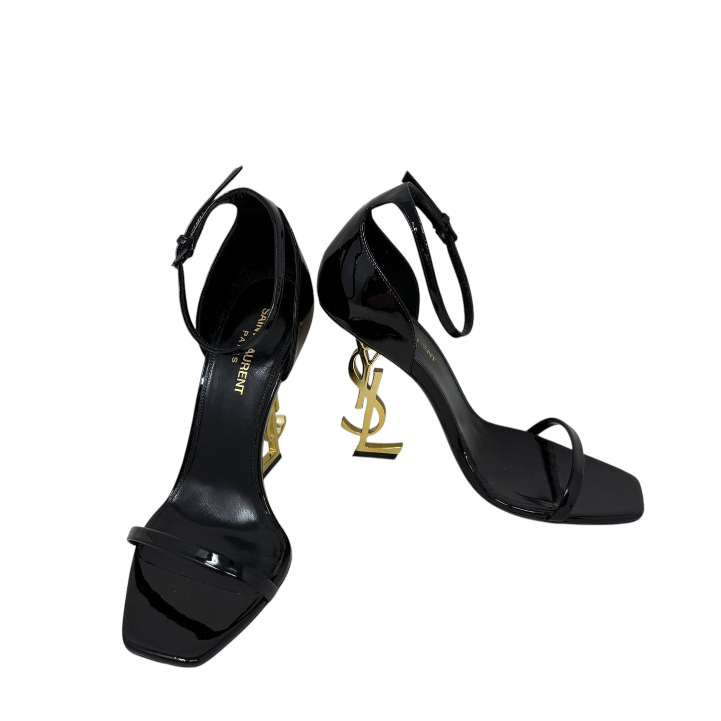 Opyum 110 Cassandre Heel Sandals Luxury Designer By Yves Saint Laurent In Black & Gold, Size: 8