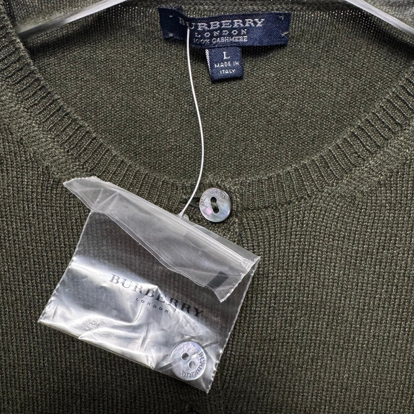 100% Cashmere Sweater Cardigan Luxury Designer By Burberry In Green, Size: L