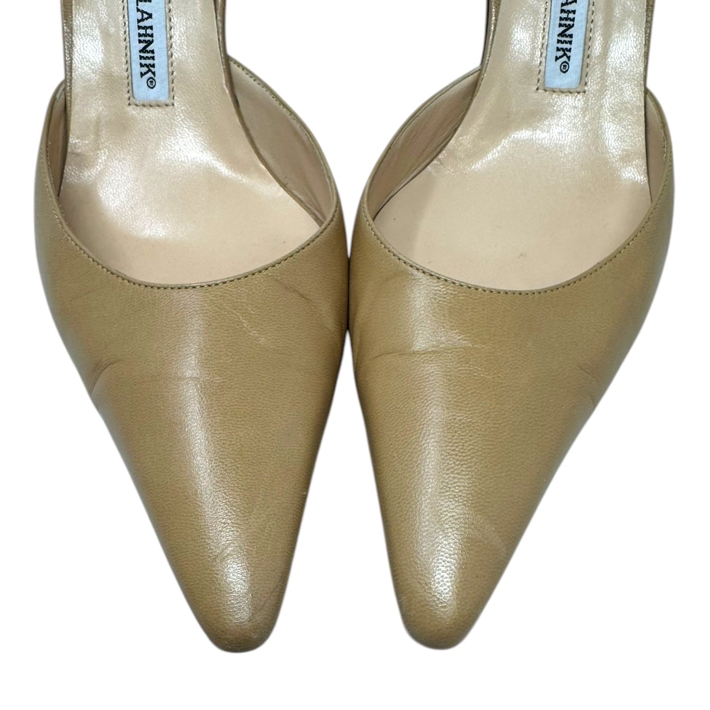 Carolyne Slingback Leather Heels Shoes Luxury Designer By Manolo Blahnik In Beige, Size: 10